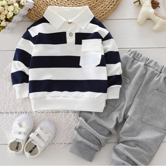 Pat Pat 2-piece Toddler Boy Stripe Polo shirt and Grey Pants Set | 3Y | NEW!! - Picture 1 of 12
